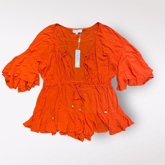 Meshki Orange Skyla Playsuit Romper NWT Off Shoulder V-Neck Tasseled Size‎ M - Picture 1 of 14